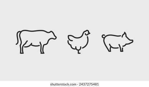 3 iconos de línea negra que representan una vaca, una gallina y un cerdo sobre un fondo blanco para la web, móvil, materiales promocionales, SMM. Ilustración de vector