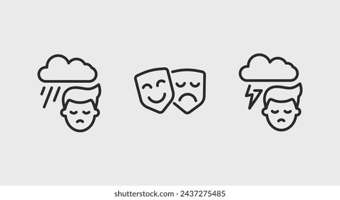 3 iconos de línea negra que representan una carita sonriente y un rostro humano triste junto con nubes tormentosas que se refieren a diferentes estados mentales sobre un fondo blanco.