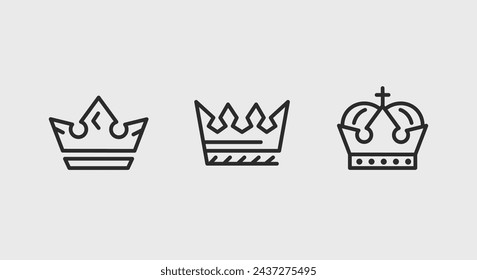 3 black line icons representing crowns on a white background for web, mobile, promotional materials, SMM. Vector illustration