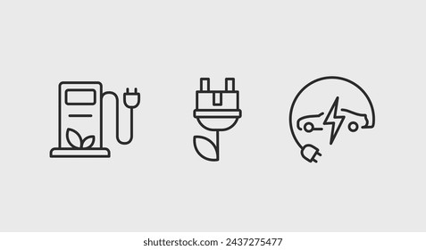 3 black line symbols representing a charging station, a charger, and an electronic vehicle for promotional materials, SMM. Vector Illustration.