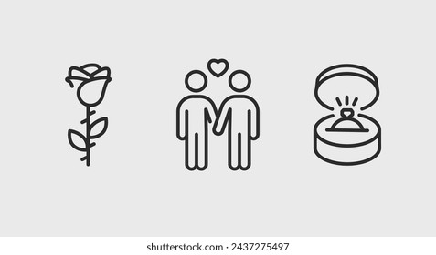 3 black line symbols representing a rose, a couple and an engagement ring for promotional materials, SMM. Vector Illustration