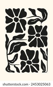 3 black primitive flowers and wriggling leaves in Matisse style. Trendy floral design template for interior decoration, banner, cover, print, postcard.