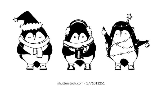 3 Black and white vector penguins for Christmas and New Year design. Cute characters of funny animals with a scarf, a hat, a cap and a garland.