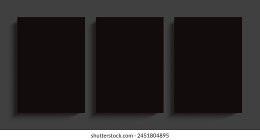3 carteles en blanco de papel negro colgando en un fondo de pared gris. Galería de póster maqueta de Vector para arte de Vertical, Imagen o colocación de texto.