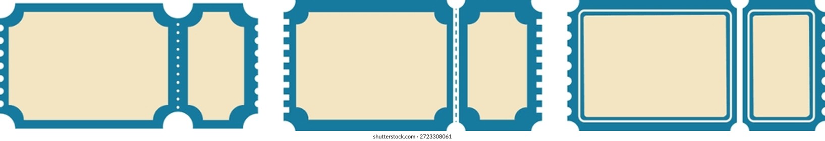 3 Blank teal raffle ticket stub templates vector. Vintage retro blue admit one coupon vectors.