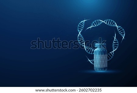 3 blue DNA molecule helixes swirled in circle and bottle with drugs. Genetic engineering, treatment of genetic diseases with medicinal products, medical concept. Low poly wireframe style. Vector.
