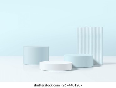3 Blue and white 3d round product podium set with empty space background. Abstract composition in minimalist design. Studio display showroom stands pedestal, Fashion stage showcase mockup wall scene.