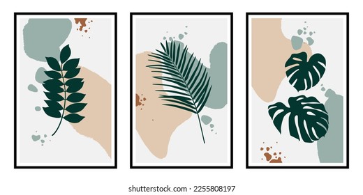 3 botanical posters for the interior. Vector background, tropical leaves, abstract shapes. Home decor, framed wall prints, canvas prints, posters