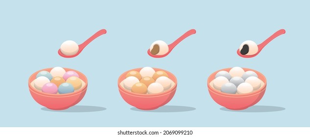 3 bowls of glutinous rice balls, sesame seeds, peanuts, glutinous rice desserts, Chinese and Taiwanese festivals: Lantern Festival or Winter Solstice, cartoon vector illustration