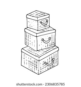 3 boxes stacked one on top of the other. Hand drawn vector illustrations isolated on a white background.  Boxes for clothes, toys on doodle style.