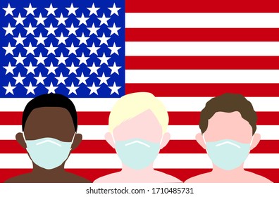 3 boys with the different hair is wearing green mask with USA flag background. Disease prevention. Personal hygiene. Health care concept. Illustration vector.