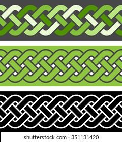 3 braid seamless border variations, vector illustration (dark and light green, gray, black, white colors)