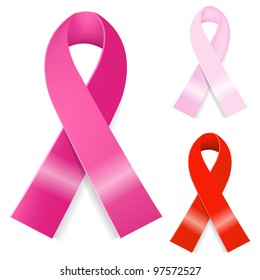 3 Breast Cancer Ribbon, Isolated On White Background, Vector Illustration