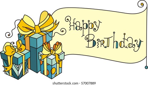 3 bright gift box with pretty ribbons. Festive vector illustrations in decorative style