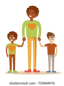 3 brothers isolated on white. Brotherly love. Stock vector illustration for poster, greeting card, website, ad, business presentation, advertisement design.