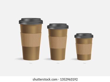 3 brown coffee cups with holder mockup on grey background. Cups of different size. Mock up. Mock-up. Coffee away. Coffee to go. Vector branding illustration.