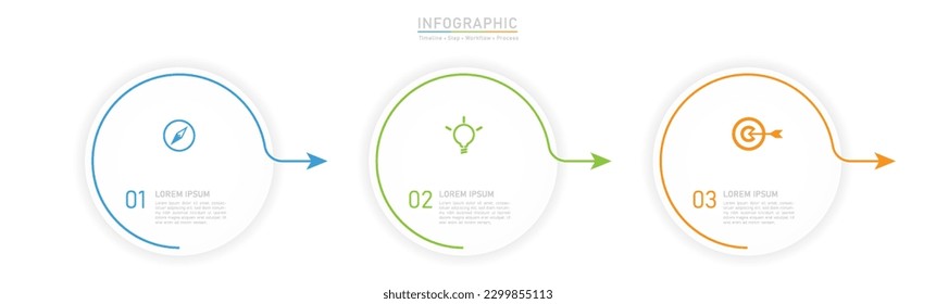 3 Plantilla de infografía de opción comercial. Presentaciones de icono de número de flujo de trabajo de paso de círculo mínimo. vector de objeto de presentación del diagrama de línea de tiempo.