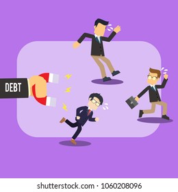3 businessman running from debt magnet