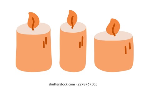 3 velas de diferentes tamaños. Las velas de cera decorativas permiten relajarse y disfrutar del spa. Conjunto de vectores dibujado a mano