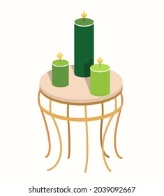 3 Candles on a mini table, stool or stand. Vintage Interior design element. Spa, hotel room, cafe decor. Fire, light. Isolated on white. Relaxation, meditation, romantic vibes. 