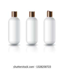 3 cap styles copper color white oval round cosmetic bottle for beauty product mockup template. Isolated on white background with reflection shadow. Ready to use for package design. Vector illustration