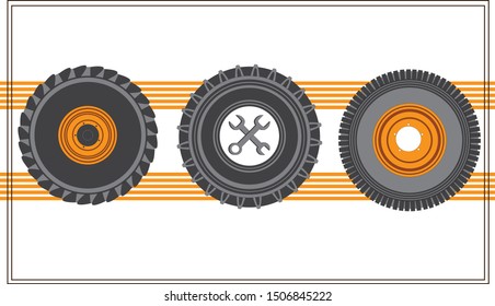 
3 car wheels on a white background with orange stripes. Winter tires and a tool kit for tire fitting