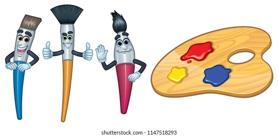 3 Cartoon Character Paint Brushes and color paletteVector Illustration EPS 10