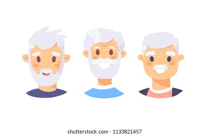 3 Cartoon Elderly Man Isolated avatar. Flat illustration European or American Male faces. Hand drawn vector drawing Caucasian pensioners