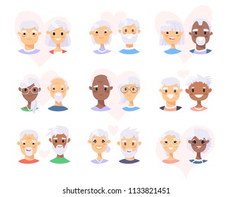 3 Cartoon Old Couples. Elderly people Isolated avatar. Flat illustration European, Asian and African American faces. Hand drawn vector drawing pensioners