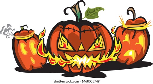 3 carved pumpkins with different expressions