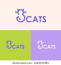 3 Cats line style logo design for pet shop, hotel, veterinarian in purple color. Cute cartoon cat logo. Adorable kitty symbol. Isolated vector clip art illustration in trendy style. Pet logotype, icon