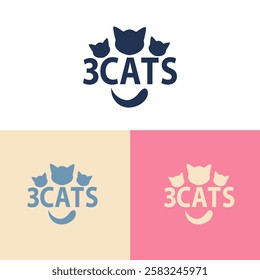 3 Cats Logo Design. Pet Icon Symbol Vector Inspiration for Pet Store or Veterinary Clinic. Colorful line art cats isolated. Pet logotype, puppy illustration, kitten design template for Pet Hotel.