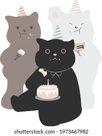 3 cats,white,black and brown sitting  happily eat birthday  cake together.