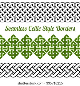 3 Celtic style knot seamless borders, vector illustration (isolated outline on white background)
