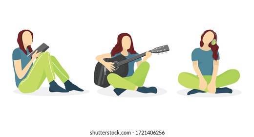 3 character girls in flat style on a white background. The girl listens to music on headphones. A girl sits and plays the guitar. A girl sits and reads a book or magazine.Hobbies at home for teenagers