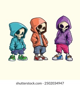 3 character Skull Wearing Hoodies Sticker set