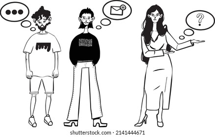 3 characters standing next to each other with bubbles above their heads