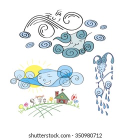 3 children's illustrations, which first cloud escapes from the wind. Then it cries and becomes very small. But then a cloud alive, very pleased and happy people.