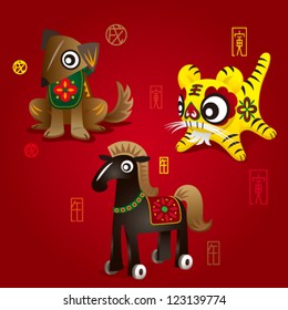 3 Chinese Zodiac Mascots: Dog, Tiger and Horse