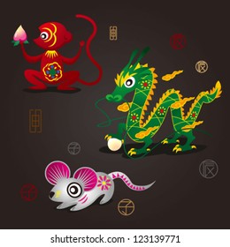 3 Chinese Zodiac Mascots: Monkey, Dragon and Rat