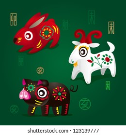 3 Chinese Zodiac Mascots: Rabbit, Ram and Pig