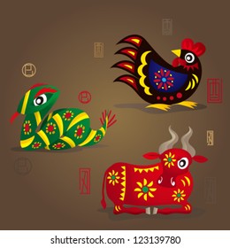 3 Chinese Zodiac Mascots: Rooster, Snake and Ox