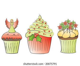 3 christmas decorated cupcakes - vector