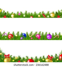 3 Christmas Fir Tree Borders With Gradient Mesh, Vector Illustration