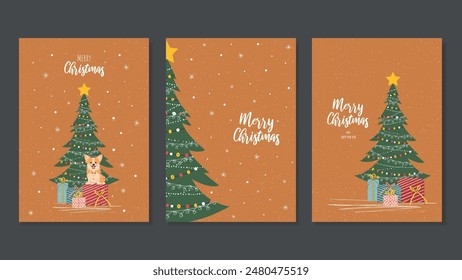 3 Navidades Tarjetas de felicitación. Conjunto de tarjetas de felicitación de año nuevo lindo con corgi, árbol de Navidad y regalos. Plantillas de Vector