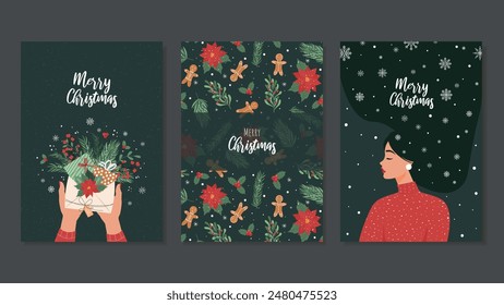 3 Christmas Greeting Cards. A set of cute greeting cards for the new year, with an envelope of gifts in hand, a pattern with a gingerbread man and a Christmas star, and a cute girl. Vector templates