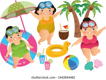 3 chubby girl characters in summer theme with beach accessories on white background. Great for vacation idea concept.