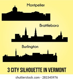 3 city silhouette in Vermont ( Montpelier, Brattleboro, Burlington )