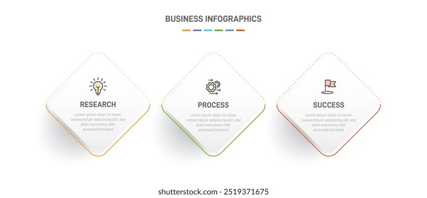 3 clean infographic design shaped elements template, symbolizing the three stages of business strategy and progression. Progress bar or timeline. Vector for presentation, web site or app.