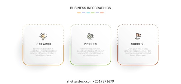 3 Plantilla de Elementos en forma de diseño infográfico limpio, que simboliza las tres etapas de la estrategia y la progresión empresarial. Barra de progreso o línea de tiempo. Vector para presentación, Sitio web o App.